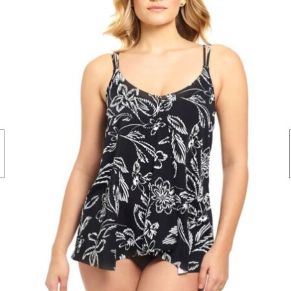 Swim Solutions Classic Bloom Tummy-Control Flyaway Swimdress Black 18